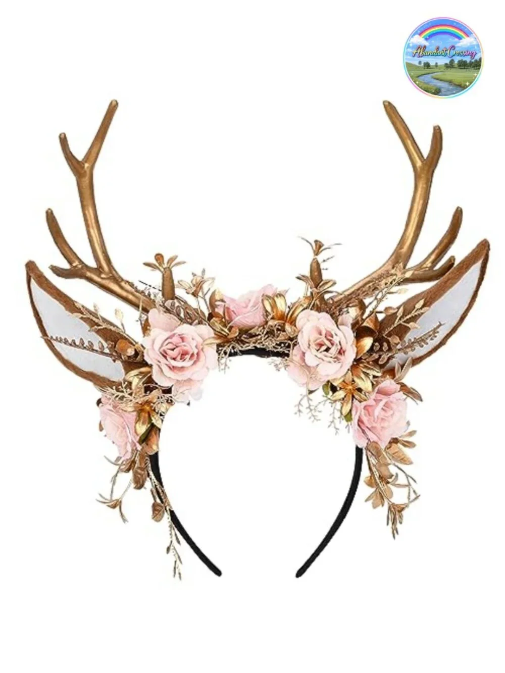Handmade Gold Flower Antler Headband - Woodland Floral Reindeer Headpiece with